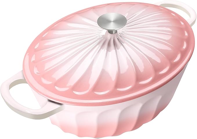 Enameled Oval Dutch Oven Pot with Lid, 7 QT Cast Iron Dutch Oven with Dual Handles for Cooking, Bread Baking, Frying, Non-stick Enamel Coated Oven (7 QT Gradient Pink)