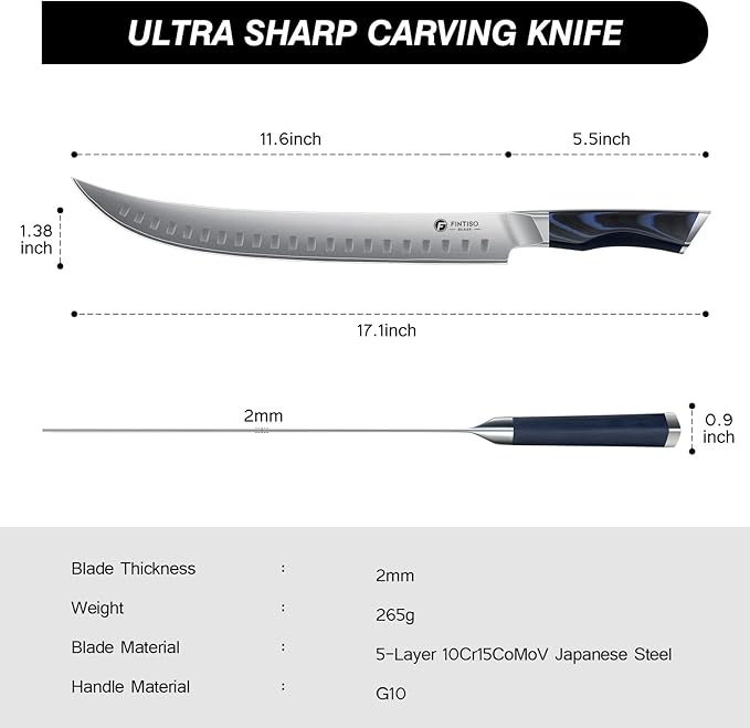 Carving Knife，11.6 Inch Brisket Slicing Knife, Japanese High Carbon Steel Butcher Knives with VG10 Steel Core & G10 Handle, Full Tang Ultra Sharp Meat Cleaver for BBQ, Turkey, Roast, Brisket