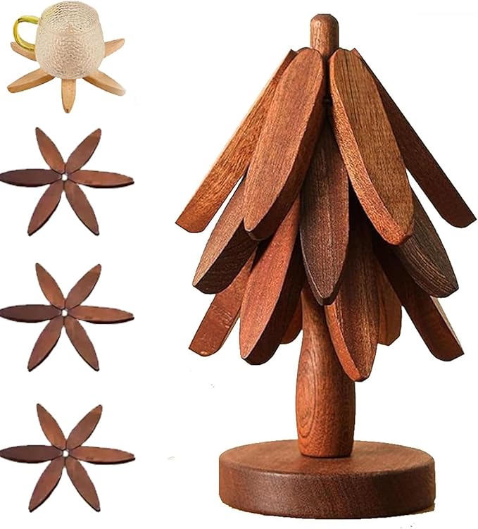 Natural Wood Tree Trivet Set, 𝐍atural Tree Trivet Set - 4 Wooden Trivets,4 Wooden 𝐓rivets & 1 Stand Like a Christmas Trees,for Hot Dish,Pot,Bowl,Teapot,Hot Pot Sets (Walnut Finish 3 Trivets,1set)