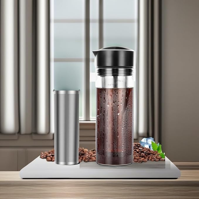 25oz Cold Brew Coffee Maker 4 Cup Capacity Tea Maker, Iced Coffee Pot, Cold Heat Resistant Borosilicate Glass Carafe, Stainless Steel Mesh Filter Basket and Black Freshness Lid