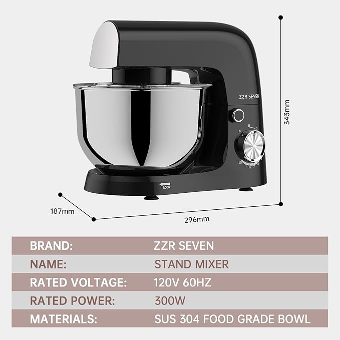 Stand Mixer, 5.5 Quart, 10 Speed Tilt-Head Kitchen Mixer, Copper Motor, Household Food Mixer with Bowl, Flat Beater, Dough Hook, Egg Whisk (300W Black)