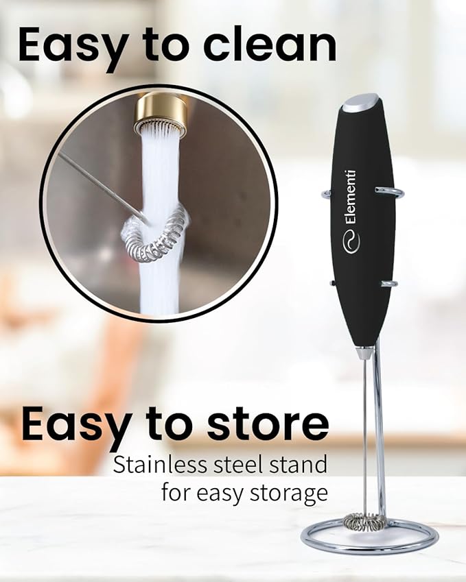 Elementi Milk Frother Wand & Drink Mixer with Stand - Turbo Milk & Coffee Frother Handheld - Hand Held Coffee Mixer Wand & Cold Foam Maker for Frothy Cappuccinos, Lattes & Drink Mixes at Home (Black)