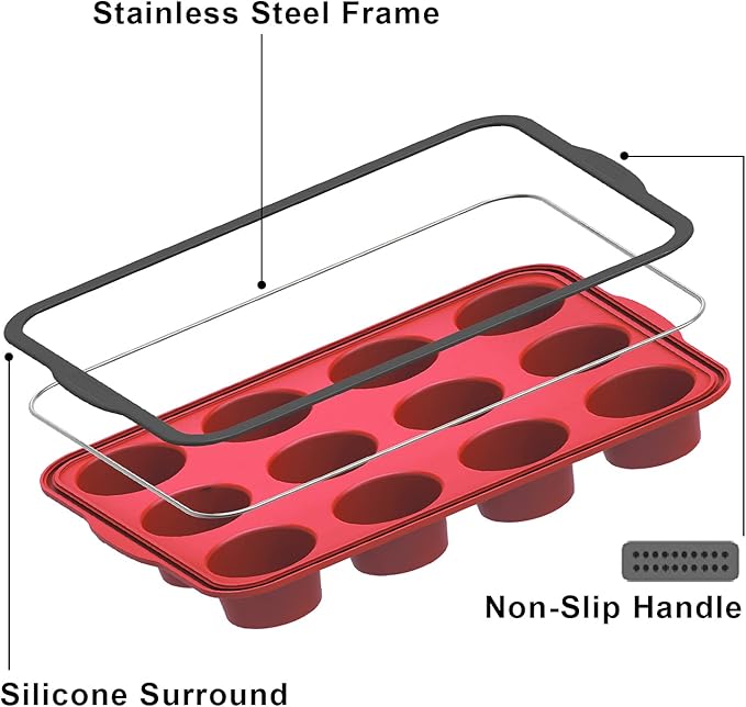 Aichoof Non-Stick Silicone Muffin Pan With Reinforced Stainless Steel Frame Inside,12 Cup Regular Muffin Baking Mold, 12 Cup Muffin Tin, BPA Free,Dishwasher Safe, Red