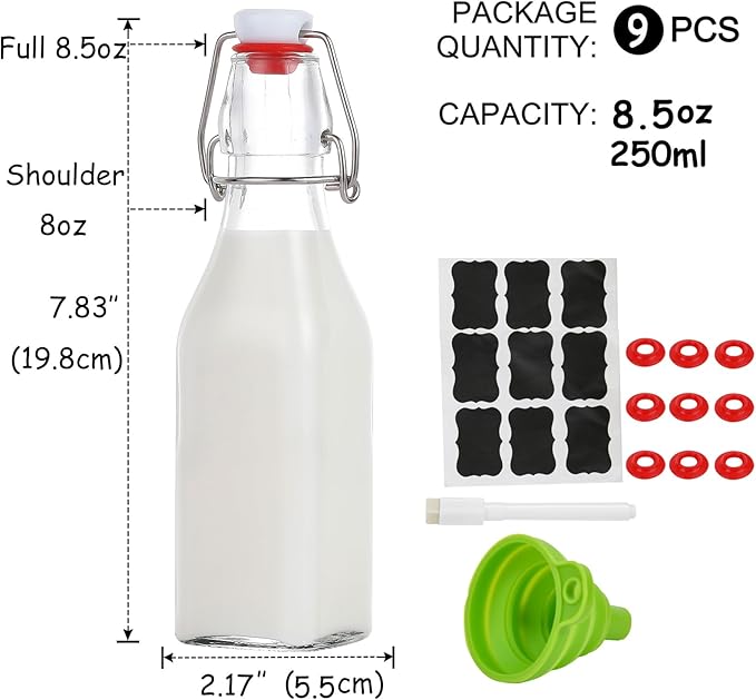 Swing Top Glass Bottles 8 oz with Airtight Lids for Home Brewing, Kombucha, Kefir, Vanilla Extract, Beer, Oil, Vinegar, Homemade Juices, Water,Soda Set of 9
