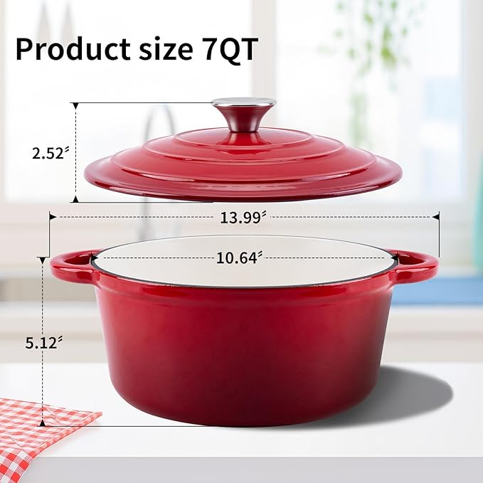 Enameled Cast Iron Dutch Oven Pot with Lid Heavy-Duty Cookware for Bread Baking, Braising, Stews, Roasting,7QT，red