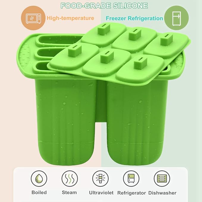 Bangp Popsicle Molds,6 Pieces Popsicles Molds Silicone BPA Free,Homemade Popsicle Maker,Reusable Easy Release Ice Pop Molds for Kids Adults,with 50 Popsicle Sticks and 50 Popsicle Bags(Green)