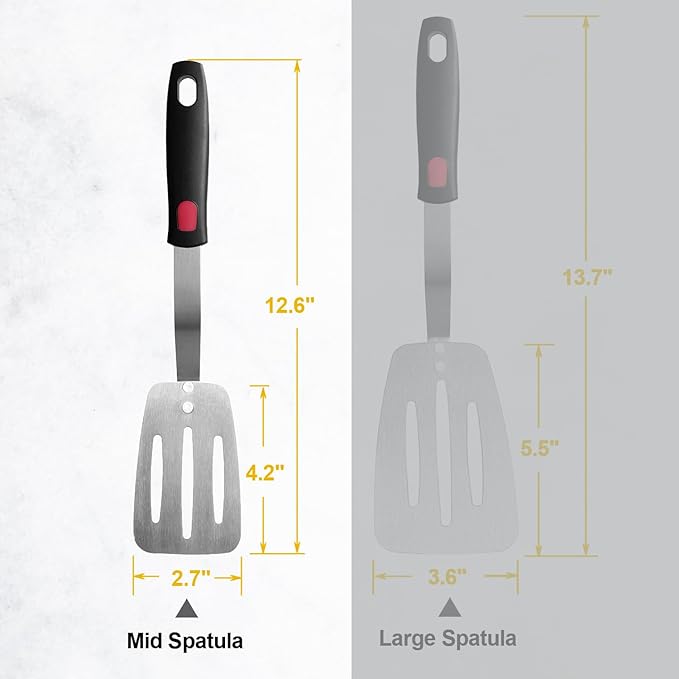 Stainless Steel Spatula, Flexible Metal Slotted Turner for Cast Iron Skillet, Thin Blade and Heat Resistant Silicone Handle, Great for Egg, Cookie, Meat, Crep, Medium