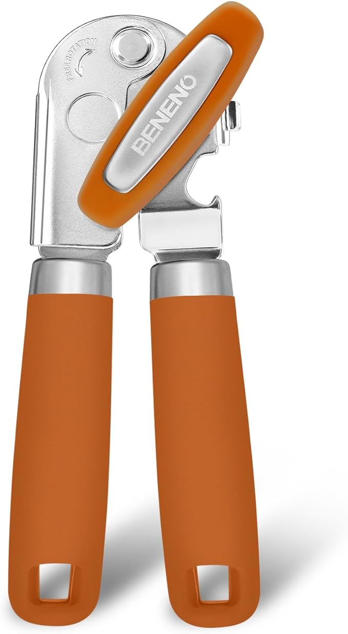 Beneno Heavy Duty Hand Can Opener Manual with Magnet, Durable Sharp Carbon Steel Blade Smooth Cutting, Big Effort-Saving Knob, Soft Grip Handle, Multifunctional Kitchen Tool with Bottle Opener, Orange
