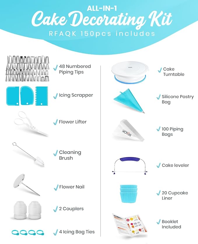 RFAQK 150 PCs Cake Decorating Kit for Beginners, Includes Video Course, Booklet, Cake Turntable, Leveler,100 Piping Bags,24 Numbered Piping Tips, Scraper set, Spatulas & Much more Baking Supplies Tool