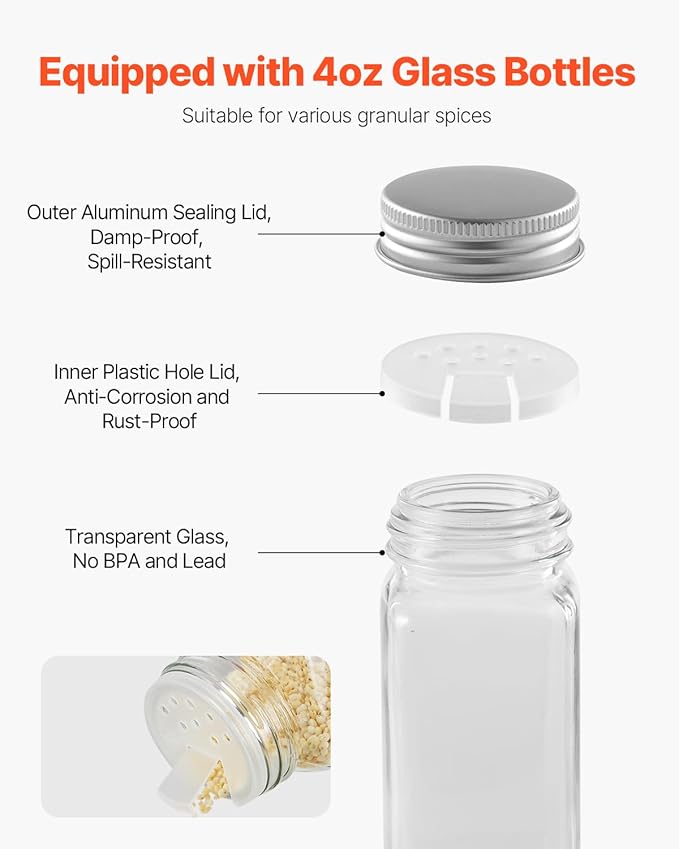 VEVOR Spice Rack Organizer for Cabinet, Spice Organizer with 72 Empty Spice Jars, Lids, Spice Labels, and Funnel Complete Set, Seasoning Organizer for Countertop, Kitchen, Pantry, Cupboard, 23x16 in
