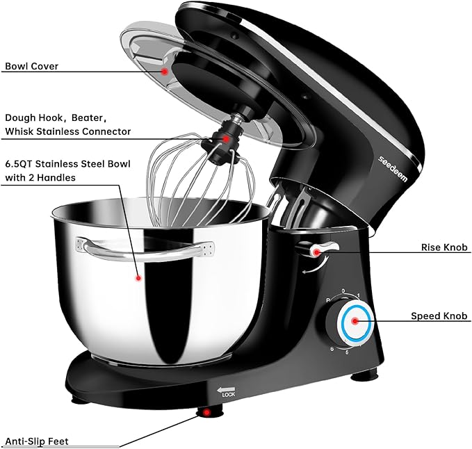 Seedeem 6.5QT Stand Mixer, 660W Tilt-Head Kitchen Electric Mixer with 6 Speeds, Dough Hook, Beater & Whisk, Dishwasher Safe Attachments, Black