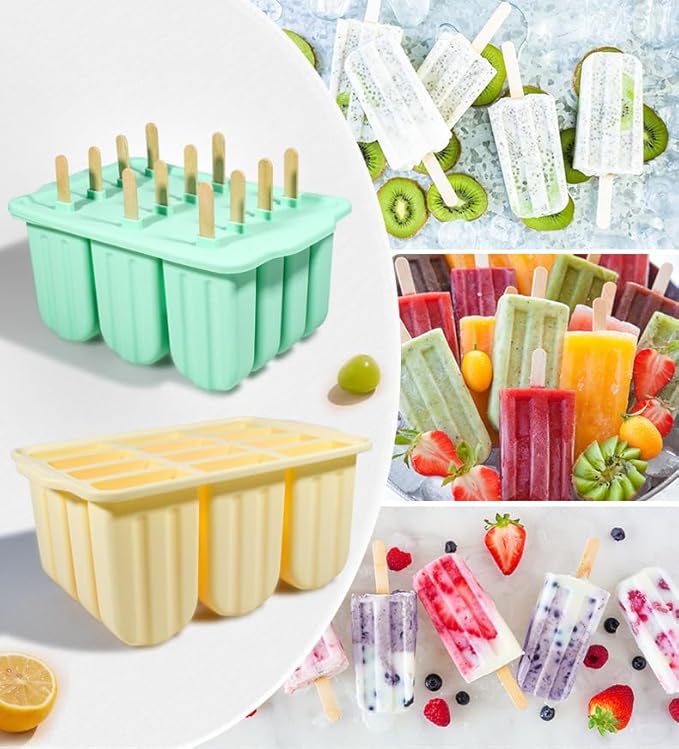 Silicone Popsicles Molds 12 Pieces, Popsicle Holders for Kids with 50 Wooden Sticks Cake Pop Molds, Ice Pop Mold BPA Free Easy Release,Ice Cream Molds Popsicle Maker for Toddlers