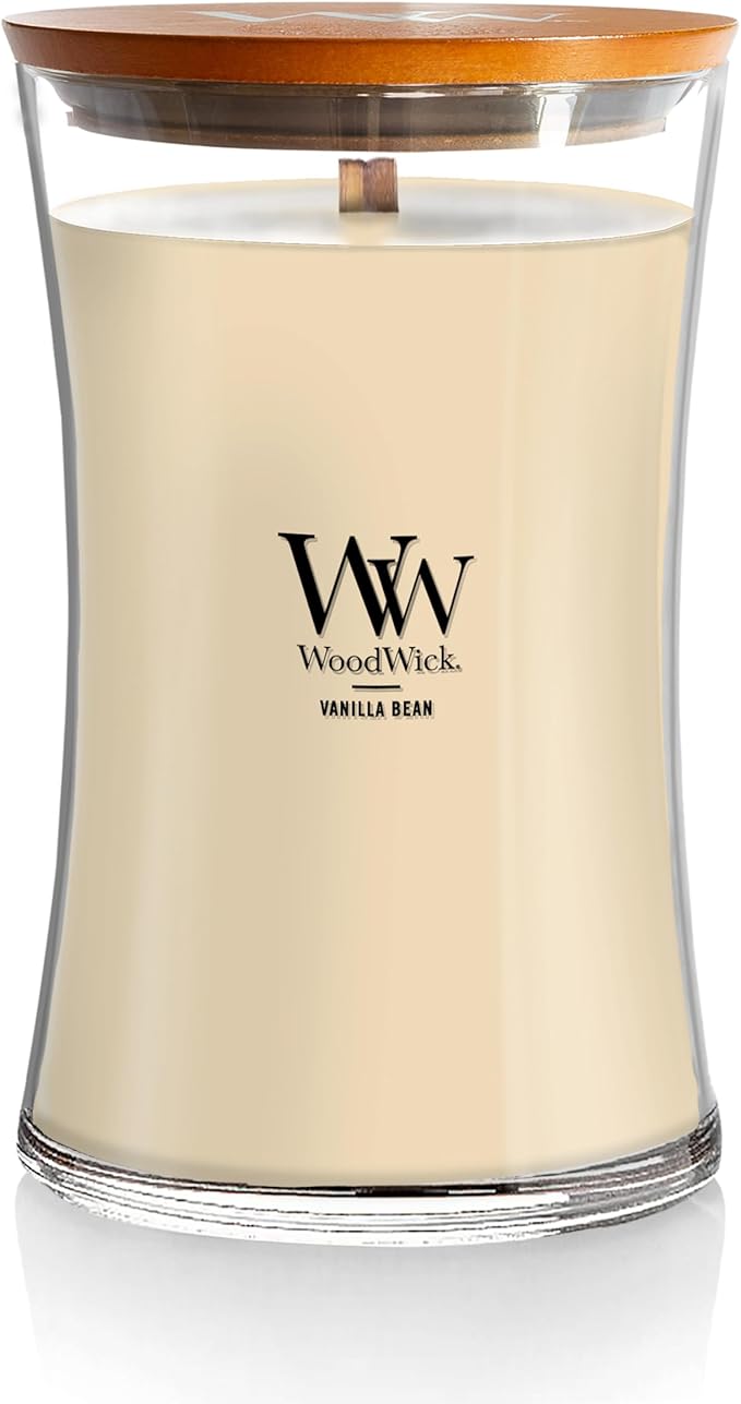 WoodWick Vanilla Bean Holiday Candle Gifts for Women and Men, 21.5 oz Large Hourglass Candle with Crackling Wick
