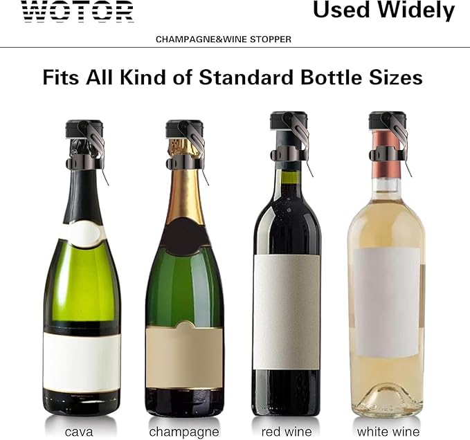 WOTOR Champagne&Wine Bottle Stoppers Stainless Steel with Food Grade Silicone, Leak Proof Keep Fresh Reusable Saver, Cork Suitable for Wine, Champagne, Cava, Prosecco and Sparkling (2 Pack Black）