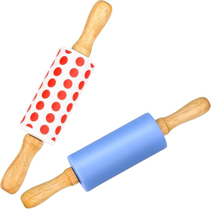 Mini Silicone Rolling Pin for Kids, Non-stick Surface Wood Handle, 9 Inch 2 Pack