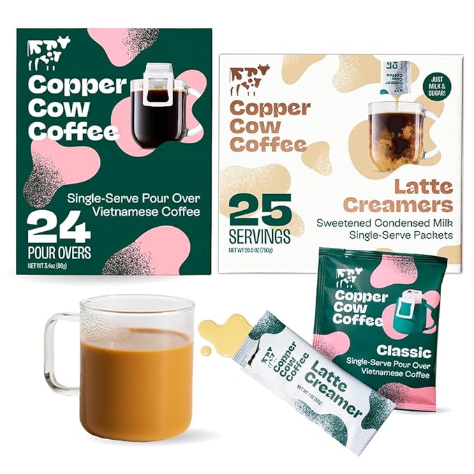 Copper Cow Single-Serve Vietnamese Coffee & Creamer Packets Bundle – 24 Classic Black Pour Over Coffees (Dark Roast) + 25 Sweetened Condensed Milk Creamers | All-Natural, No Refrigeration Needed