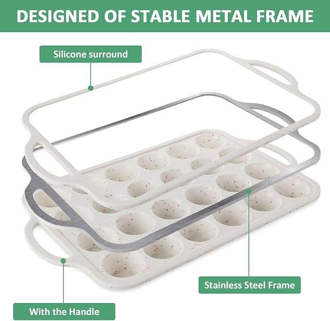 RHBLME 3 Pack Mini Muffin Silicone Molds, Metal Reinforced Frame Cupcake Pans 24 Cups Mini Muffin Pan, Nonstick Silicone Muffin Pan with Handle for Baking Muffins Egg Bites Cupcakes