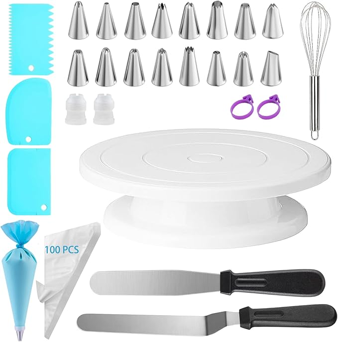 124 PCS Cake Decorating Kit with Cake Stand Turntable, Piping Bags and Tips Set, 100+1 Piping Bags, 12 Icing Piping Tips, 3 Scrapers, 2 Spatulas, Manual Egg Whisk, Baking Supplies for Cake Lovers