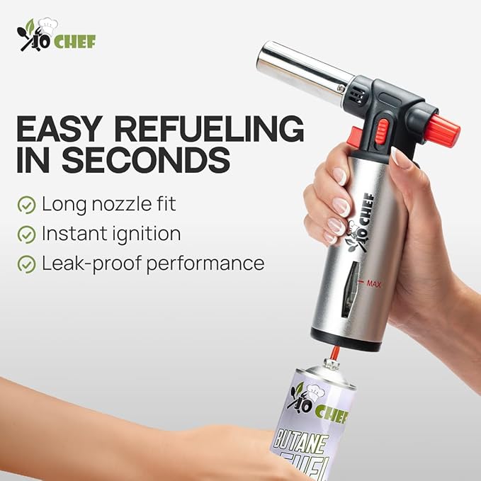 Jo Chef Kitchen Torch With Butane included, Refillable Butane Torch, Creme Brulee Torch, Blow Torch Lighter gun With Safety Lock & Adjustable Flame, 3 Cans (3.38oz) Included