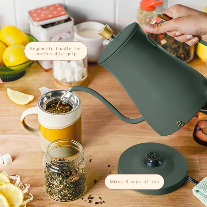 Beautiful 1L Electric Gooseneck Kettle, Precision Pour Spout, 1200W Fast Boil, Auto Shut-Off, Cordless, Stainless Steel, Tea & Coffee Maker with Ergonomic Handle, Thyme Green