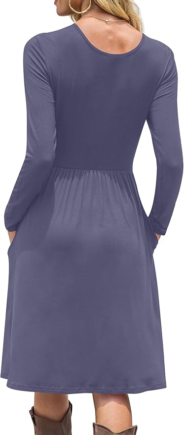 DB MOON Women Casual Long Sleeve Dresses Empire Waist Knee Length Loose Dress with Pockets