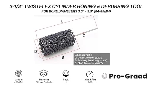 TwistFlex 3-1/2” 400SC Cylinder Hone | 3.5” (89mm) Standard Duty Flexible Cylinder Honing & Deburring Tool for Hole Diameters 3.3” – 3.5” | Silicon Carbide 400 Grit