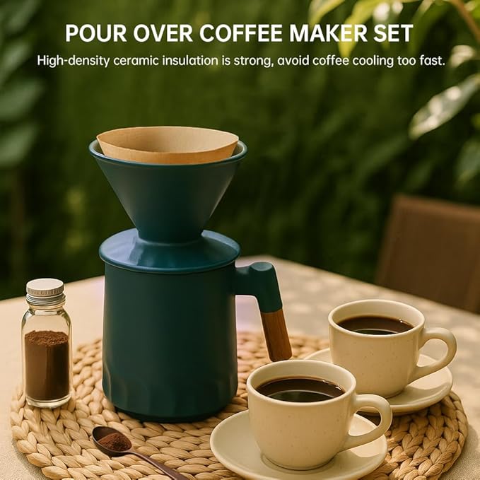 Pour Over Coffee Maker Set, Ceramic Pour Over Coffee Dripper 15.5oz/450 ml with 25 Pcs V60 Paper Filter, Coffee Pour Over Set for Camping, Green