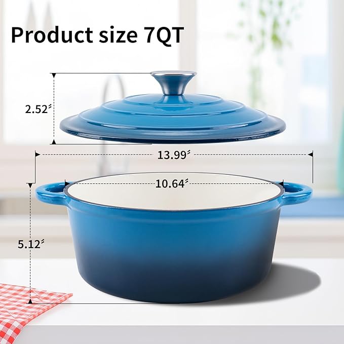 Enameled Cast Iron Dutch Oven Pot with Lid Heavy-Duty Cookware for Bread Baking, Braising, Stews, Roasting,7QT，blue