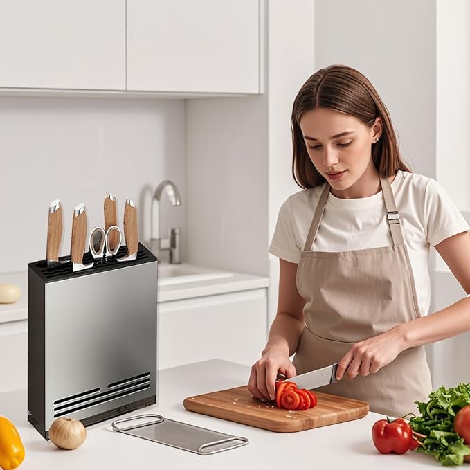 Magnetic Universal Knife Block Holder, Magnetic Aluminum Knife Holder for Refrigerator with Slots for Scissors and Sharpening Rod Storage Stand Display Unique Slot Design to Protect Blade