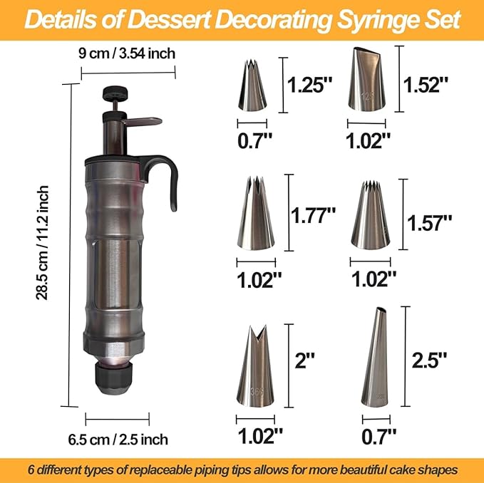 Dessert Decorating Piping Syringe Set Cake Decorating Tool Cookie Gun Press,Icing Decoration Gun,Frosting Piping Kit 6 Piping Icing Nozzles for Baking,Decorating Cupcake,Deviled Eggs (Silver & Black)