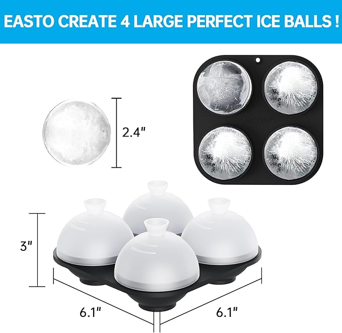 HONYAO Silicone Whiskey Ice Ball Mold - 2.4 Inch Large Ice Cube Trays Molds Silicone with Lids - Ice Sphere Maker for Cocktails, Bourbon, Rum - 4 Iceballs