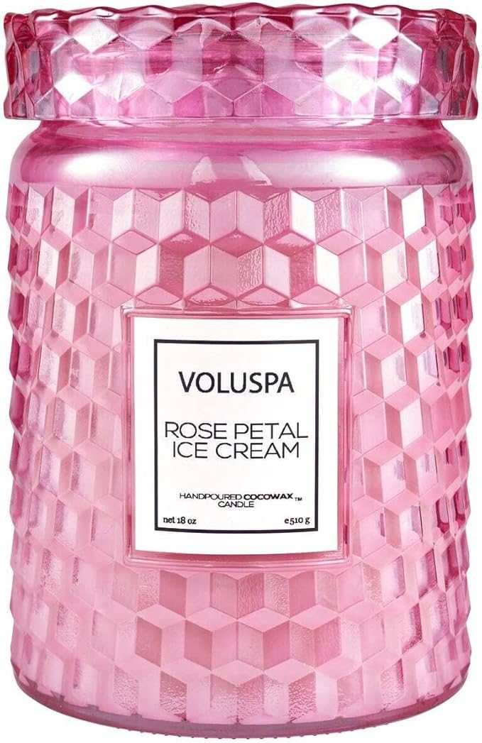 Voluspa Rose Petal Ice Cream, Large Candle Jar, 18 Ounce, 100 Hour Burn Time, Coconut Wax for Clean Burning, Handcrafted in The USA