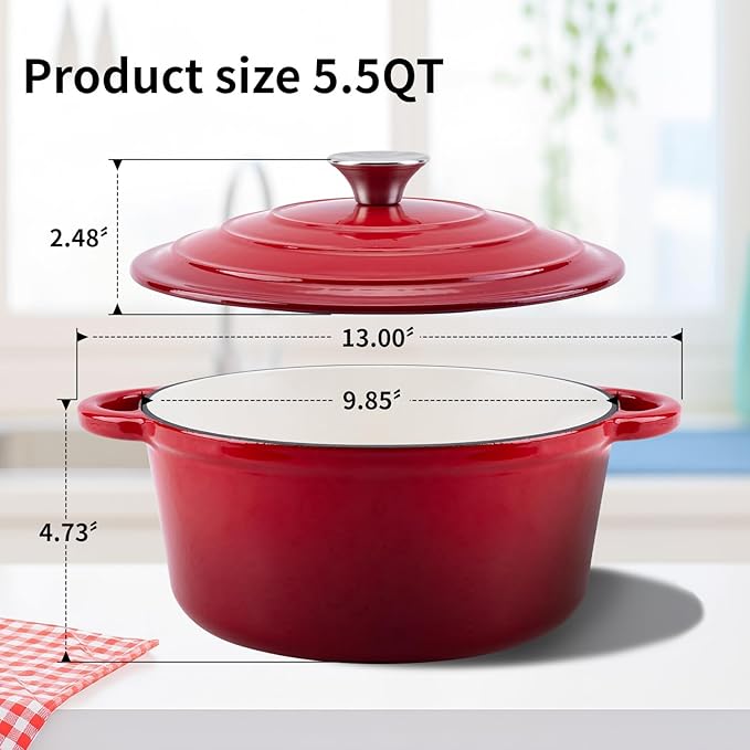 Enameled Cast Iron Dutch Oven Pot with Lid Heavy-Duty Cookware for Bread Baking, Braising, Stews, Roasting,5.5QT，red