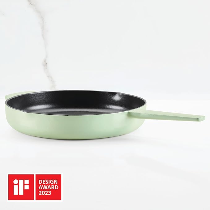 KitchenAid Enameled Cast Iron Frying Pan/Skillet with Helper Handle and Pour Spouts, 12 Inch, Pistachio