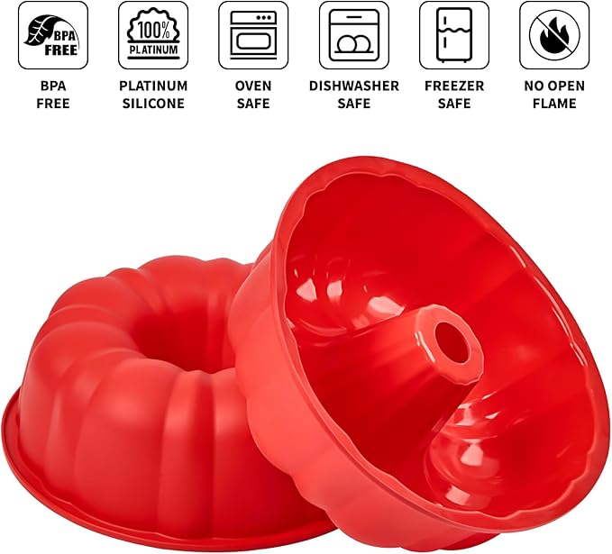10 Inch Silicone Fluted Tube Cake Pan, 2 Pack Non Stick Silicone Baking Molds for Cake, Bread, Brownie, Jello