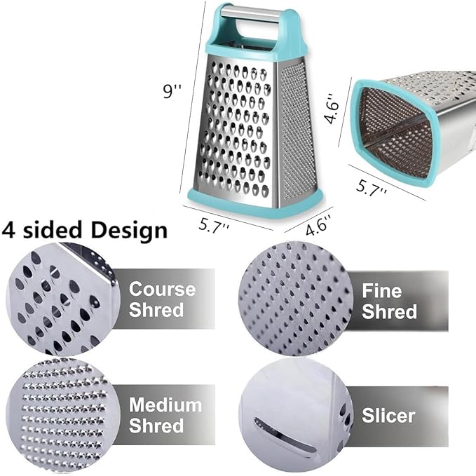 Multifunctional Stainless Steel Grater Slicer with Handle, Large 4 Sides Cutter for Ginger, Garlic, Cucumbers, Carrots, Cheese, Potato，Dishwasher Safe （ Mint）