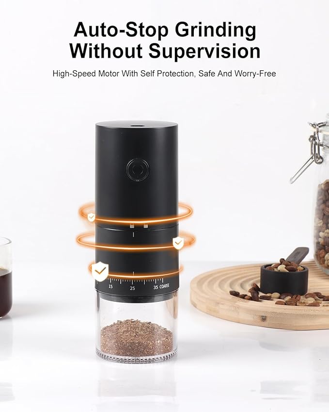 Lamido Portable Electric Coffee Grinder with Ceramic Conical Burr - 38 Adjustable Grind Settings -1500 mAh Battery Rechargeable - Auto-Stop - Washable for Espresso, Pour Over - Travel, Camping (Black)