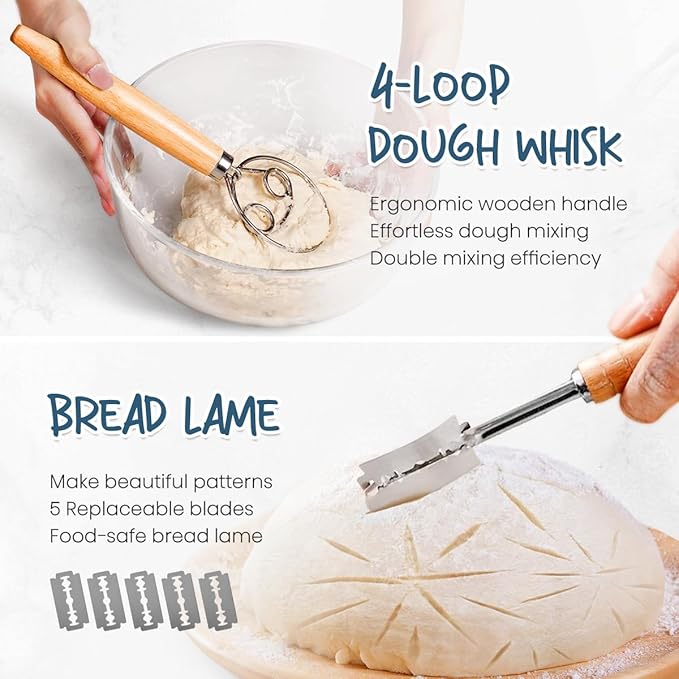 rorecay Banneton Bread Proofing Basket Sourdough Bread Baking Supplies, 9 Inch Round + 10 Inch Oval Proofing Bowls with Dough Whisk Bread Lame Dough Scraper Bread Making Tools and Accessories Set