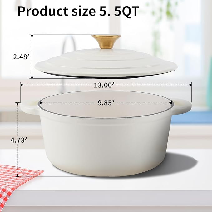 Enameled Cast Iron Dutch Oven Pot with Lid Heavy-Duty Cookware for Bread Baking, Braising, Stews, Roasting,5.5QT,creamy white