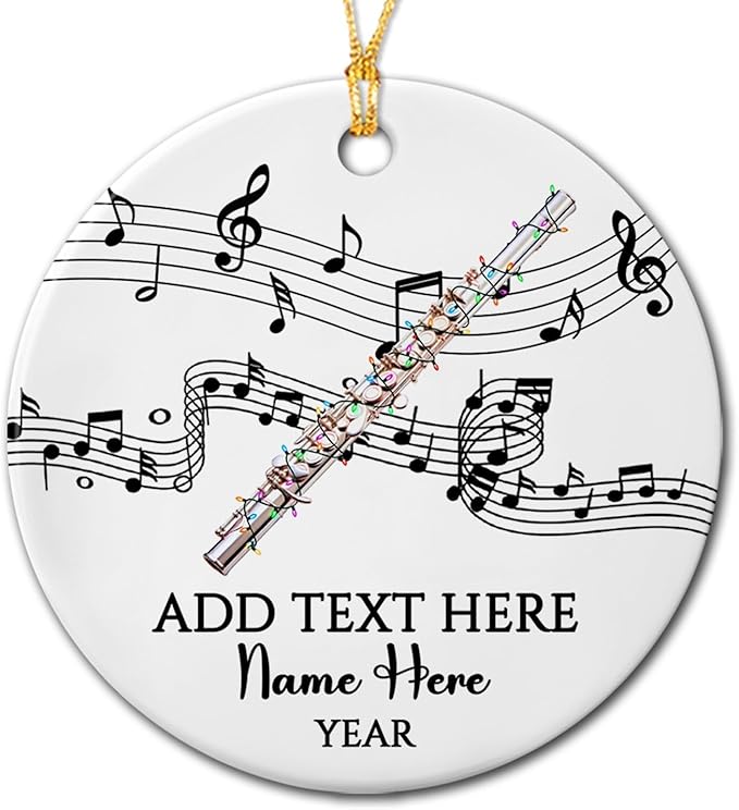 Customized Text/Year/Name Flute Player Ceramic Ornament, Personalized Xmas Ornaments Gift for Flautist Instrument Lover Brother Sister Dad Mom Daughter Son, Unique Flute Musical Ceramic Ornament