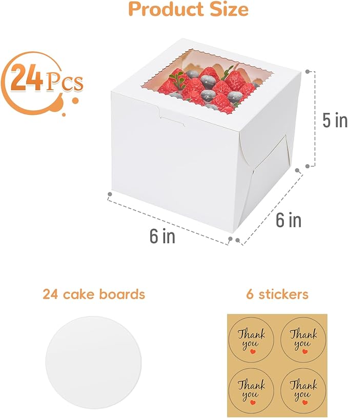 Mini Cake Boxes 6 Inch with Window, 24 Set Bakery Boxes with Cake Boards & Stickers, Cupcake Box for Birthday, Party, Wedding, Mother's Day, Valentine's Day, Christmas（6x6x5 inch）