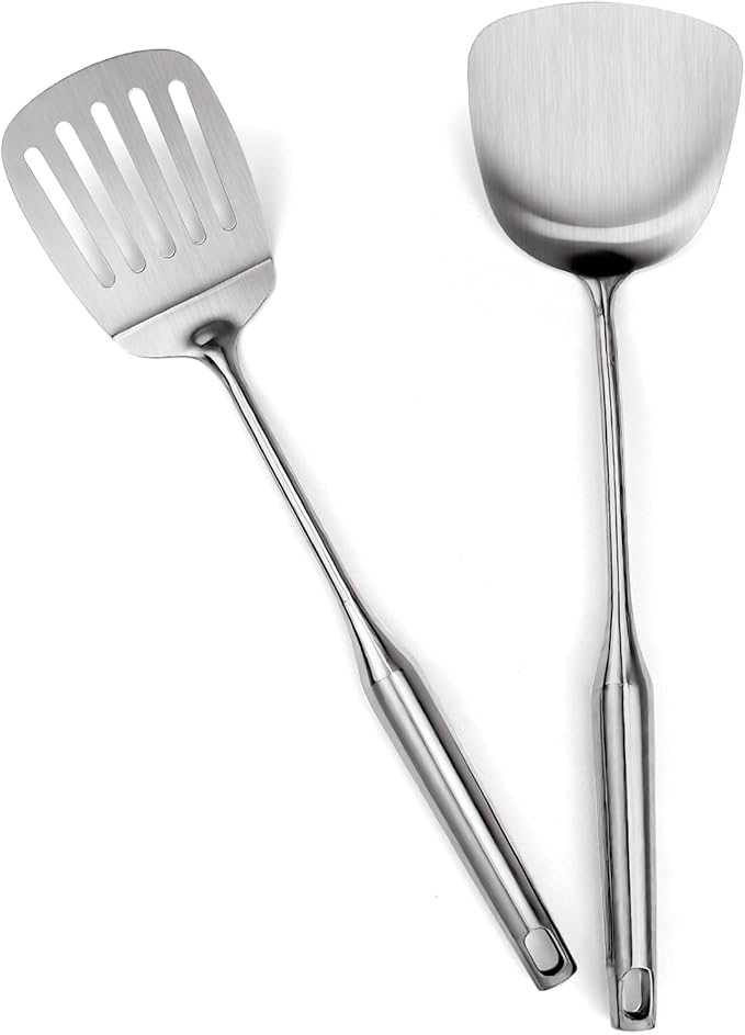 304 Stainless Steel Kitchen Utensils Set, 2 Pcs Long Metal Utensils Set with Spatula, Slotted Spatula Turner (Dishwasher Safe)
