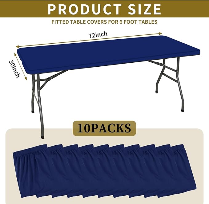 10 Pack Stretch Fabric Table Top Cap Cover, fits 6' Tables, Spandex Table Covers Washable Elastic Rectangle Tablecloth Protector for Indoor Outdoor Party Picnic Wedding, Navy Blue, 30" W x 72" L