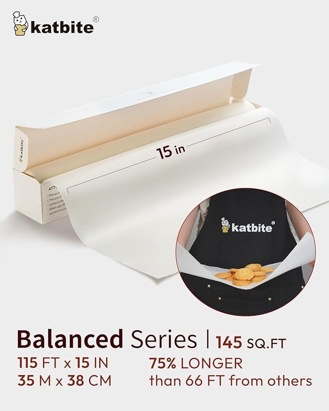 Katbite Parchment Paper Roll 15in x 115ft, White Pachment Baking Paper Roll 145 Sq.Ft, Non-Stick and Extra Longer Parchment Paper with Portable Serrated Cutter for Baking,Cooking,Space-saving