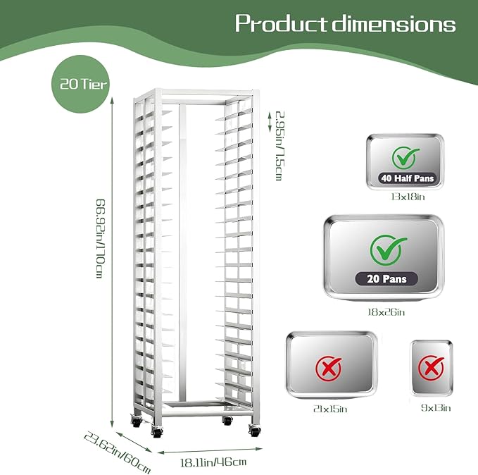 Bun Pan Rack, Commercial Bakery Sheet Rack with Brake Wheels, 20-Tier Stainless Steel Baking Tray Food cart ，for Bakeries Restaurant & Catering（Trays Not Included） ﻿ (20 Tier)