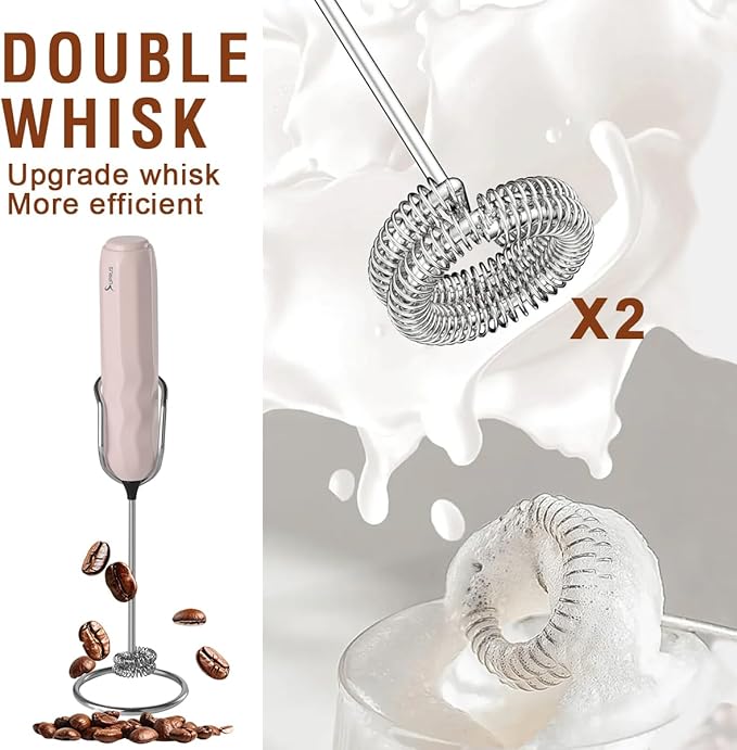 SUPRUS Ultra Fast Handheld Milk Frother Double Whisk with Stand 2 Batteries Stainless Steel for Lattes Cappuccino Matcha Hot Chocolate Coffee Bar Accessories Kitchen Gadgets Gift
