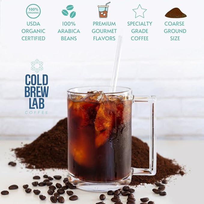 Cold Brew Organic Coarse Ground Flavored Coffee, Coconut Flavor, Dark Roast, Colombian Supremo, Coarse Grind for Cold Brew Coffee & French Press,1 LB