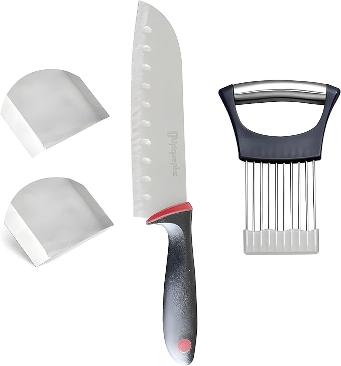 stainless steel onion slice holder onion slicer and chopper,finger guards for cutting food,finger protector for cutting food 2025 Premium Onion Slicer with finger holder & bread knife