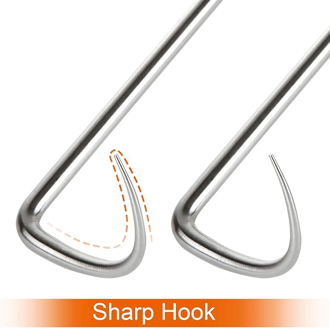 Acrux7 4 Pack Pigtail Meat Flippers 17 Inch Stainless Steel BBQ Meat Hook with Wooden Handle, Steak Flipper Hook, Barbecue Turners Food Flipper Meat Hooks for Grilling, Smoking