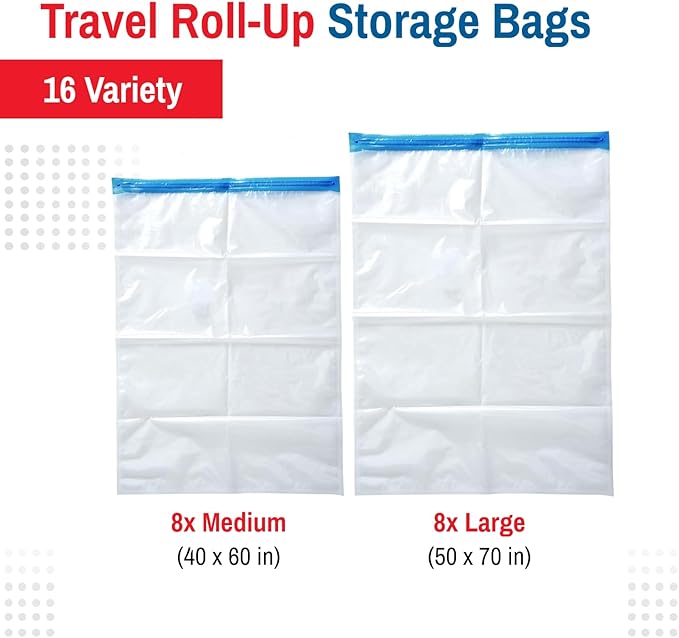 Spacesaver 16 Pack Roll Up Vacuum Storage Bags for Blankets & Clothes - Vacuum Sealed Compression Bags with Hand Pump - Space Saver Storage Bag for Bedding, Moving, Travel & Organization (8S & 8M)